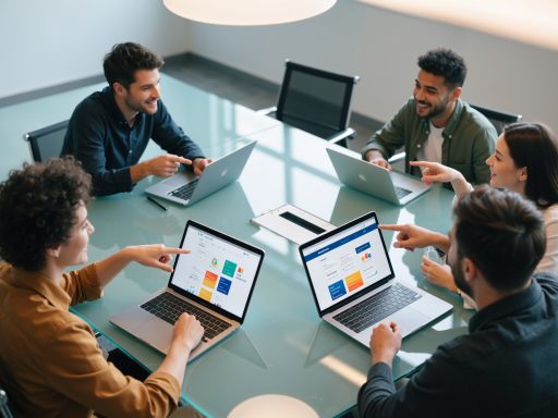 Professional team meeting with diverse group of business professionals around conference table discussing promotional products, modern office setting, blue background